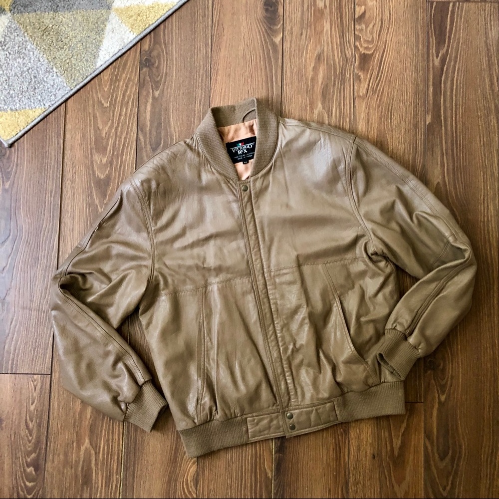 Vintage Camel Color Italian Leather Bomber Jacket